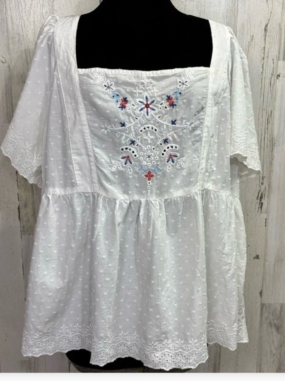 Old Navy White Swiss Dot Peasant Top with Blue & Pink Embroidery